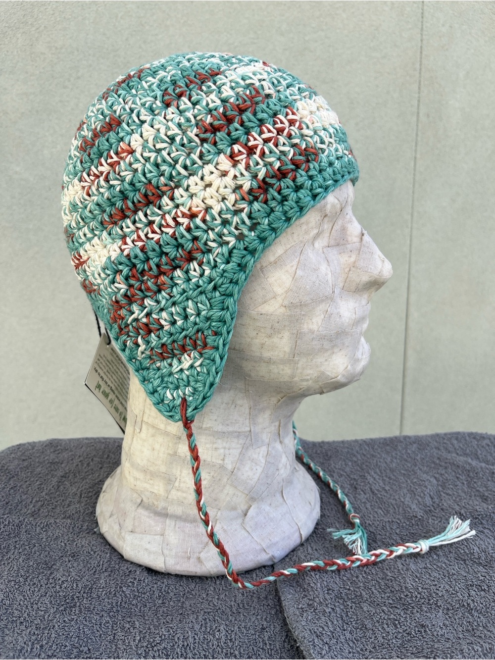 Handmade Hemp Earflap Beanie - Teal, White & Brown